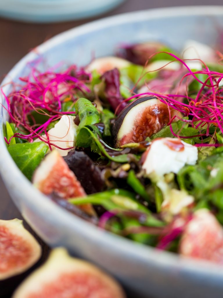 Fig And Goat Cheese Salad With Beet Sprouts And Raspberry Vinaigrette