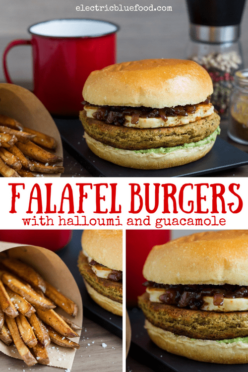 Falafel burgers in brioche buns with chunky guacamole, grilled halloumi and my dear caramelixed red onion relish.
