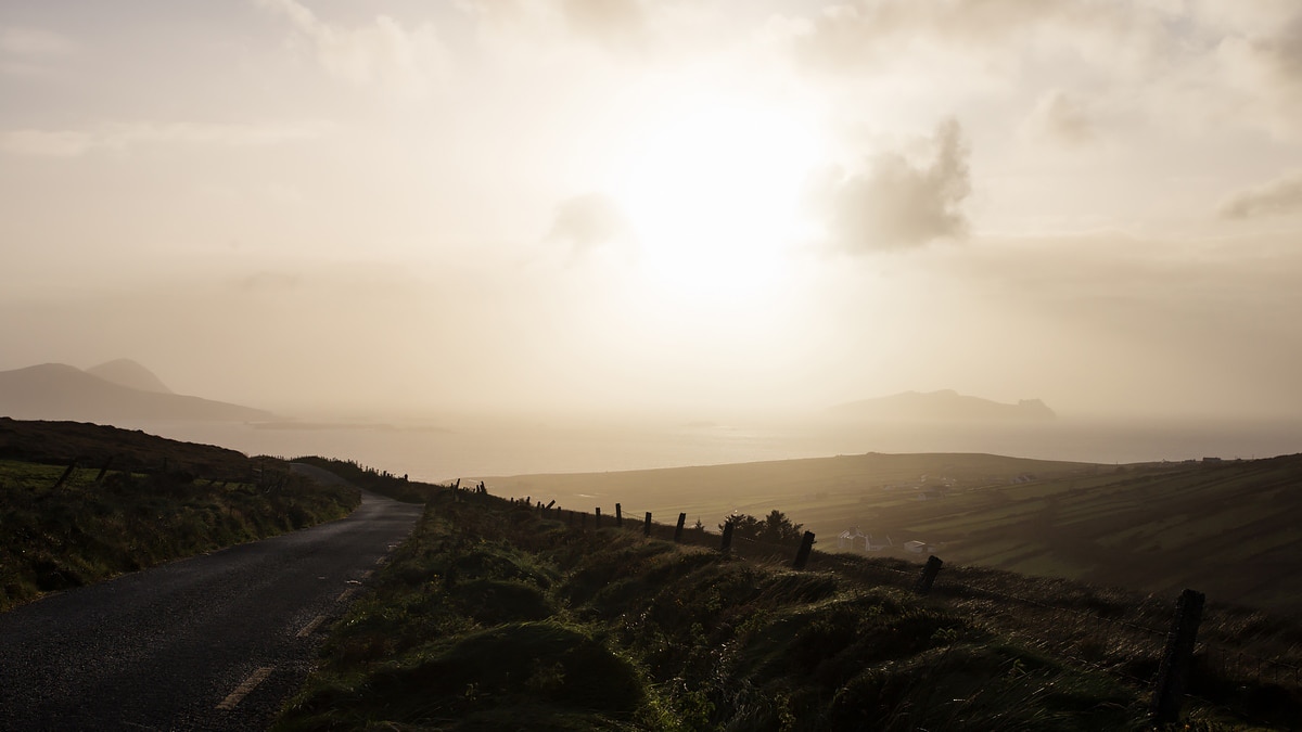 Approaching Dunquin in Ireland, Blasket islands seen on the horizon.