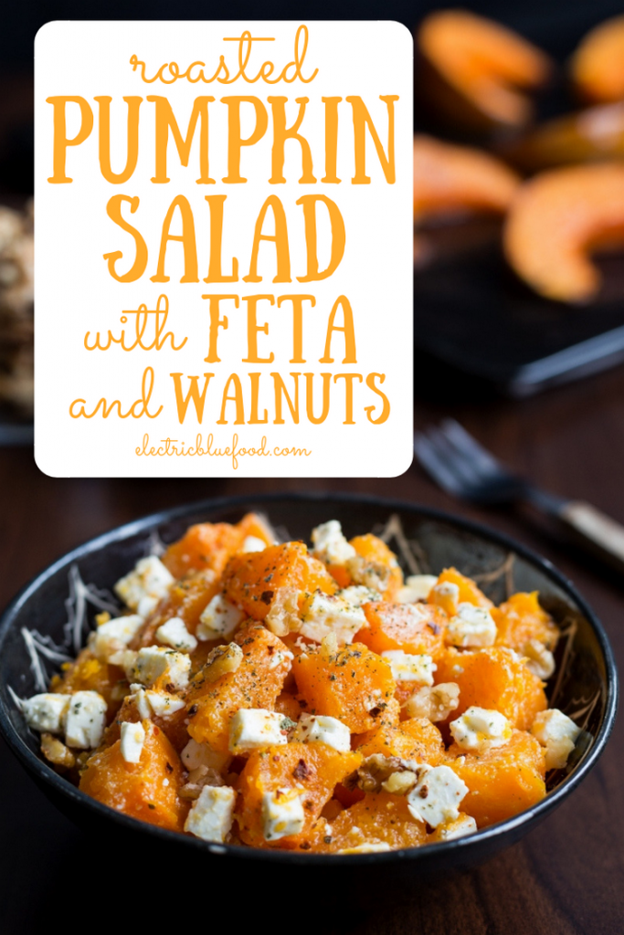 Oven-roasted pumpkin pieces, combined with feta and walnuts and seasoned with chilli oil and crushed dried sage leaves.