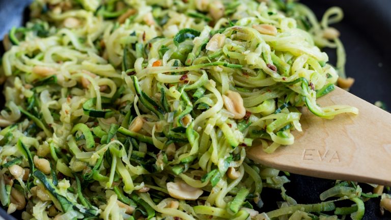 Zoodles with peanuts and chili flakes