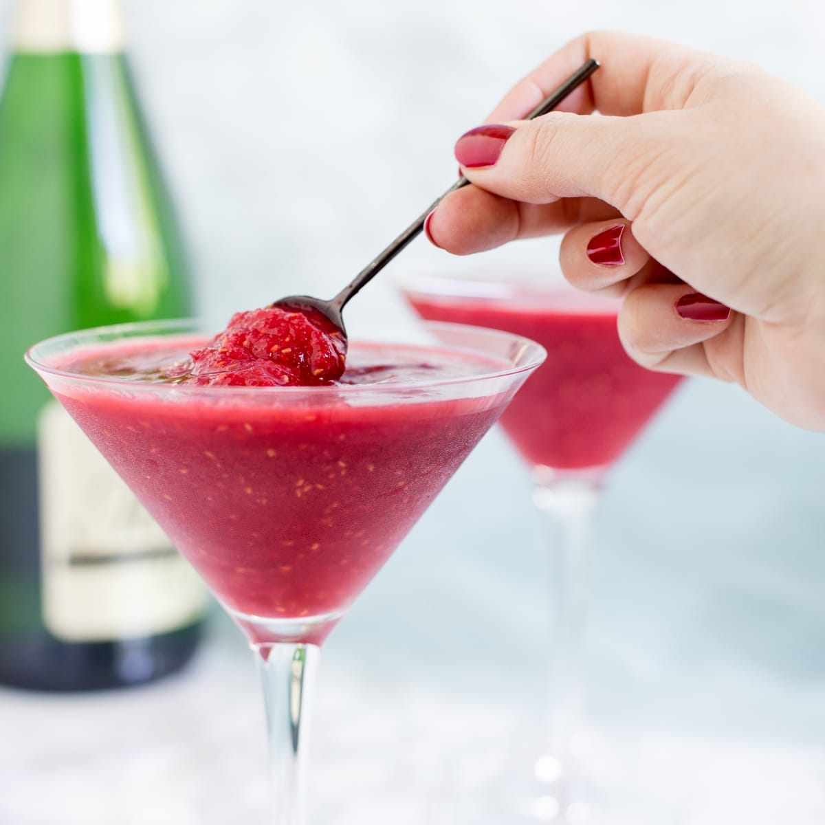 A refreshing combination of alcohol and frozen berries, raspberry Prosecco slushie is my favourite cocktail for the summer.