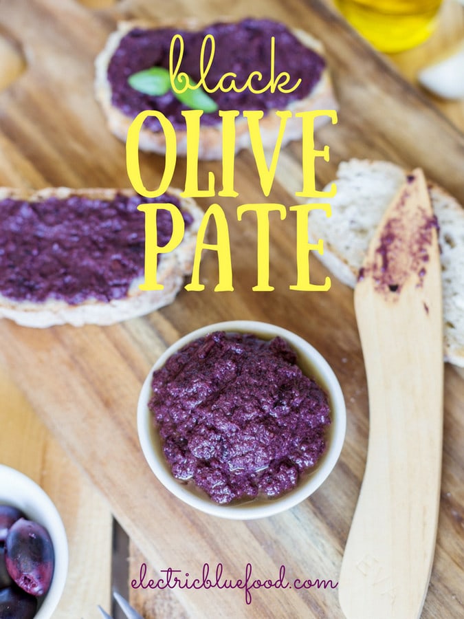 Black olive paté, or black olive paste, spread on bread is one of those lovely alternatives to the classic garlic and tomato bruchetta topping.