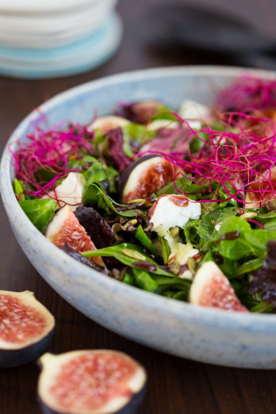 Fig And Goat Cheese Salad With Beet Sprouts And Raspberry Vinaigrette • Electric Blue Food 6637