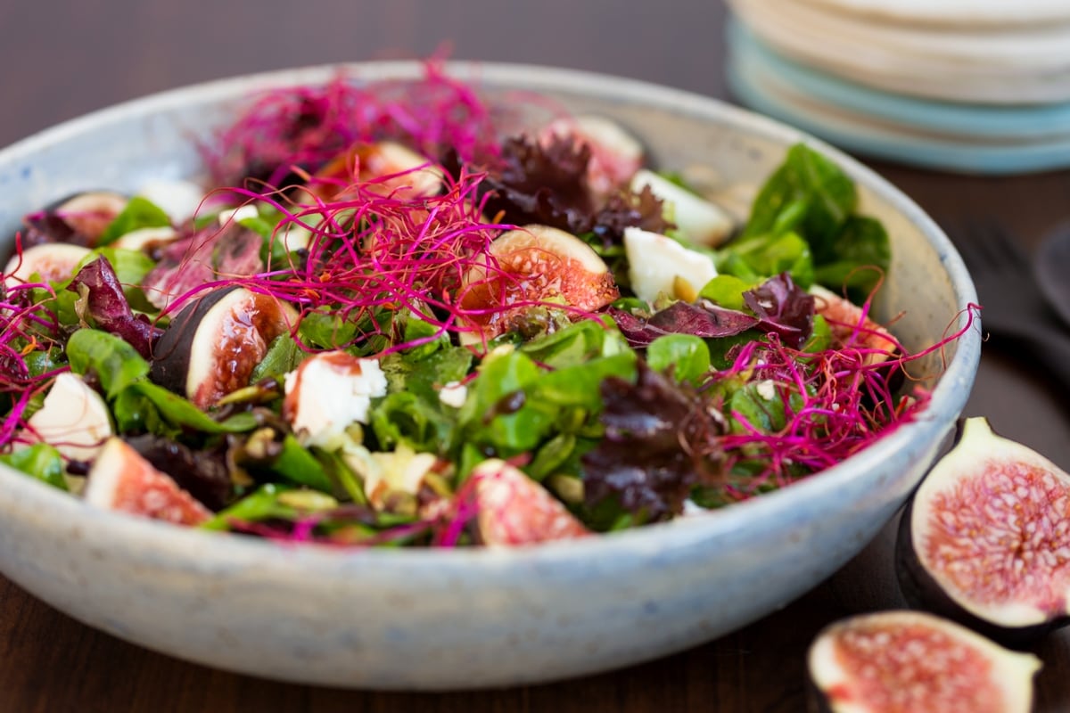 Fig and goat cheese salad, beet sprouts and raspberry vinaigrette