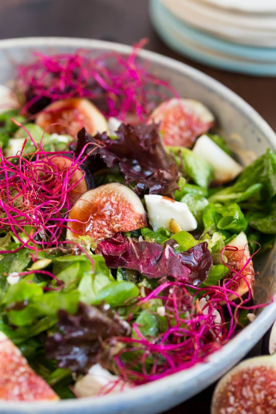 Fig and goat cheese salad, beet sprouts and raspberry vinaigrette