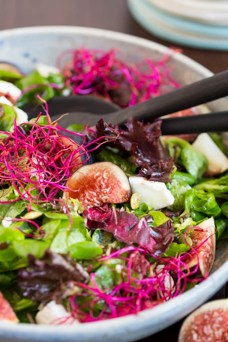 Fig and goat cheese salad, beet sprouts and raspberry vinaigrette