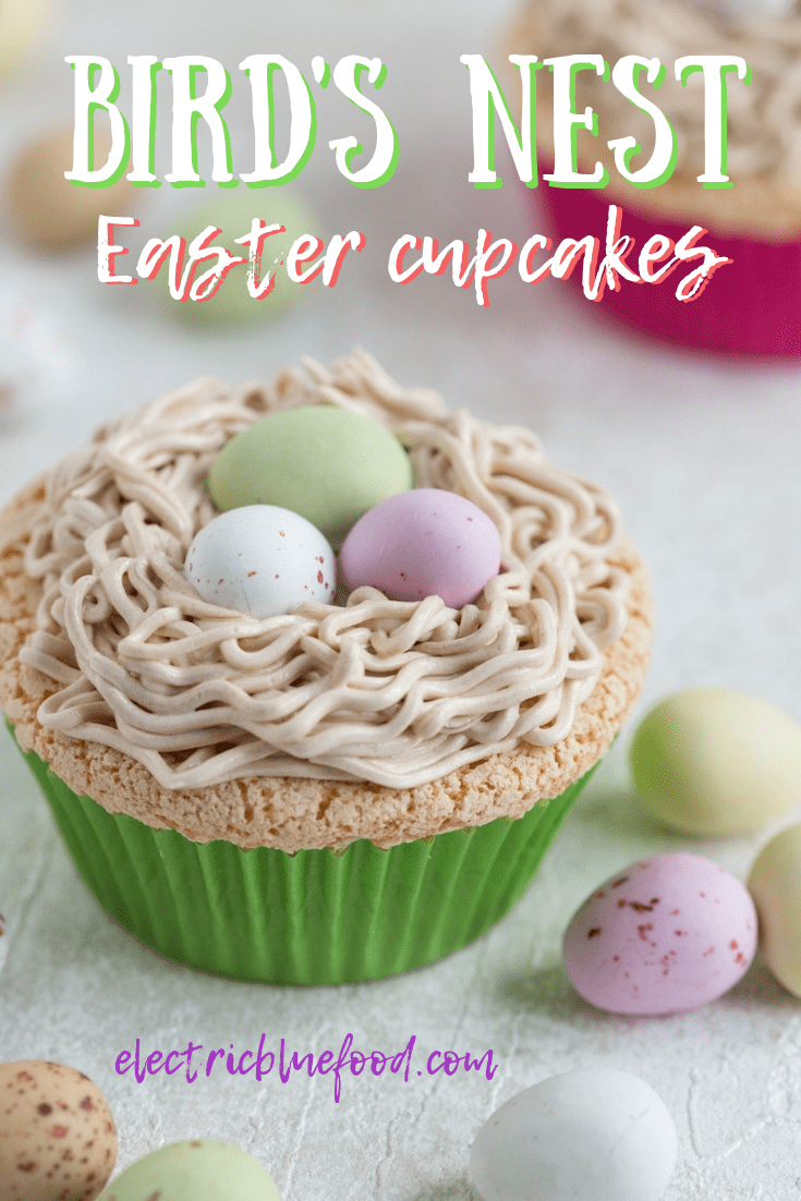 Bird's nest cupcakes made of Portuguese sponge cake topped with egg custard and buttercream piped to look like a nest and filled with chocolate eggs #easter