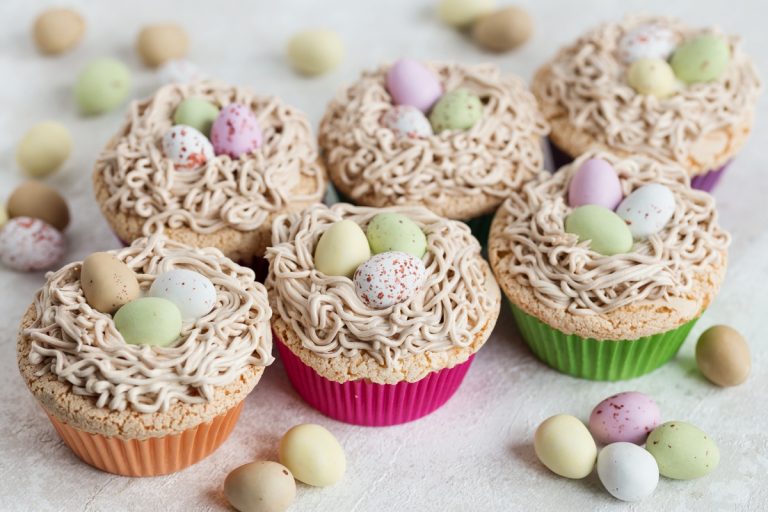 Bird's nest cupcakes with egg custard and buttercream.