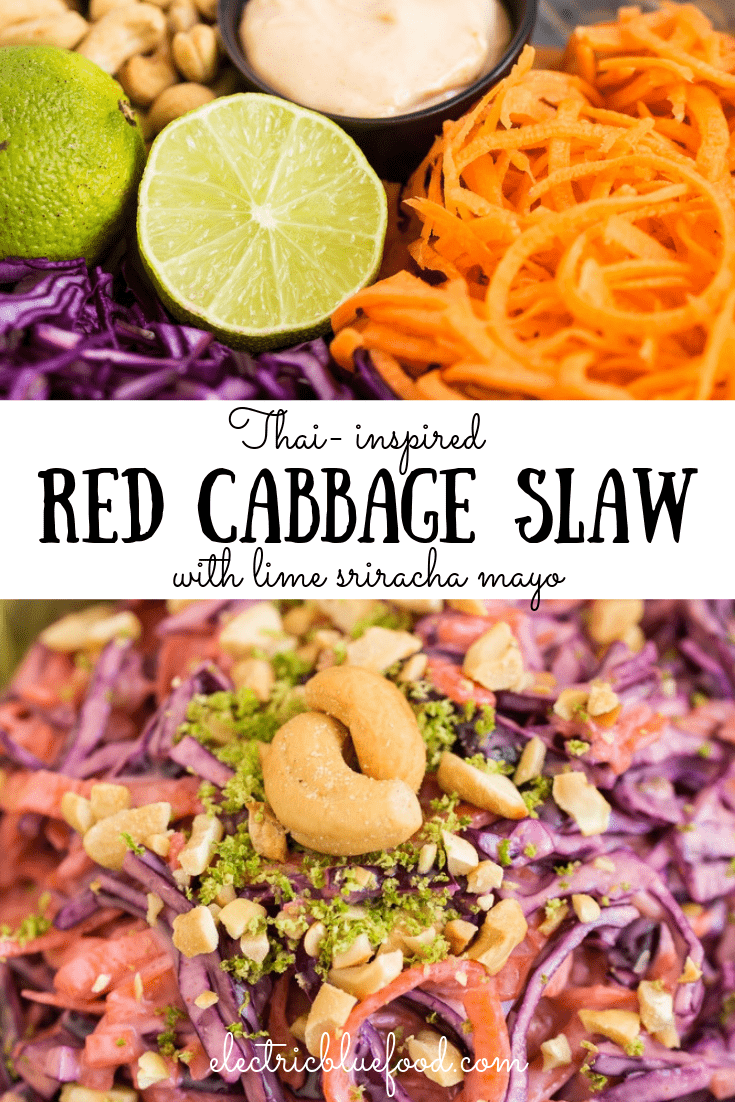 This Thai red cabbage slaw brings together some of the flavours of Thai cuisine I love the most: sriracha sauce and lime. Plus, the crunch of the carrot and red cabbage is paired with that of roasted cashews. 