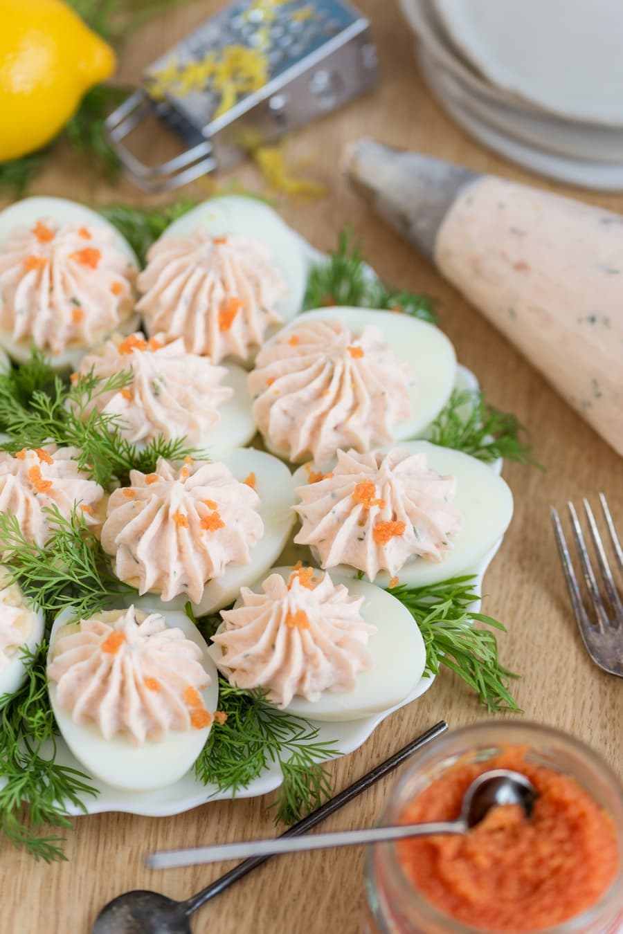 Scandinavian deviled eggs with smoked salmon mousse and fish roe