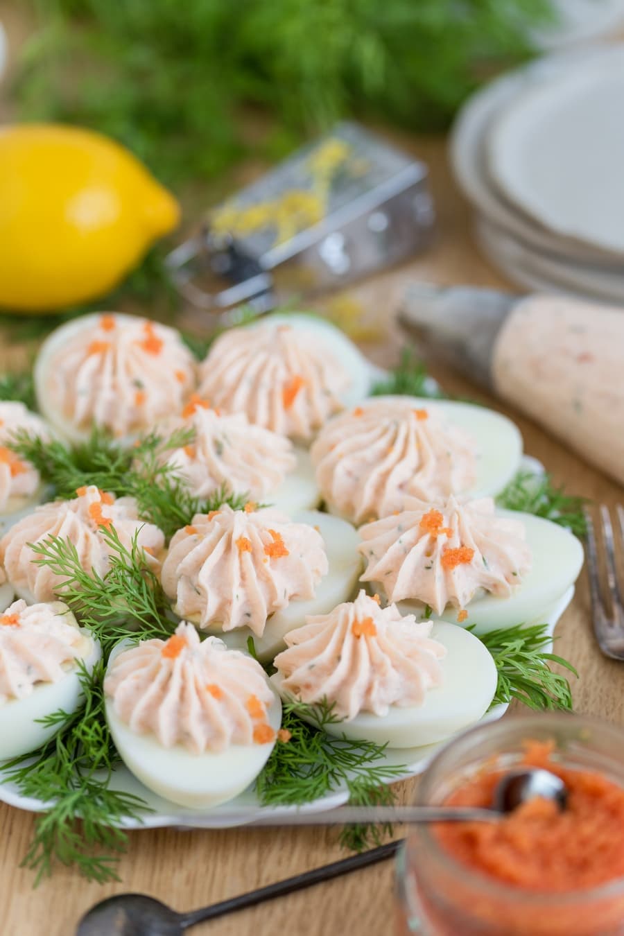 Scandinavian deviled eggs with smoked salmon mousse and fish roe