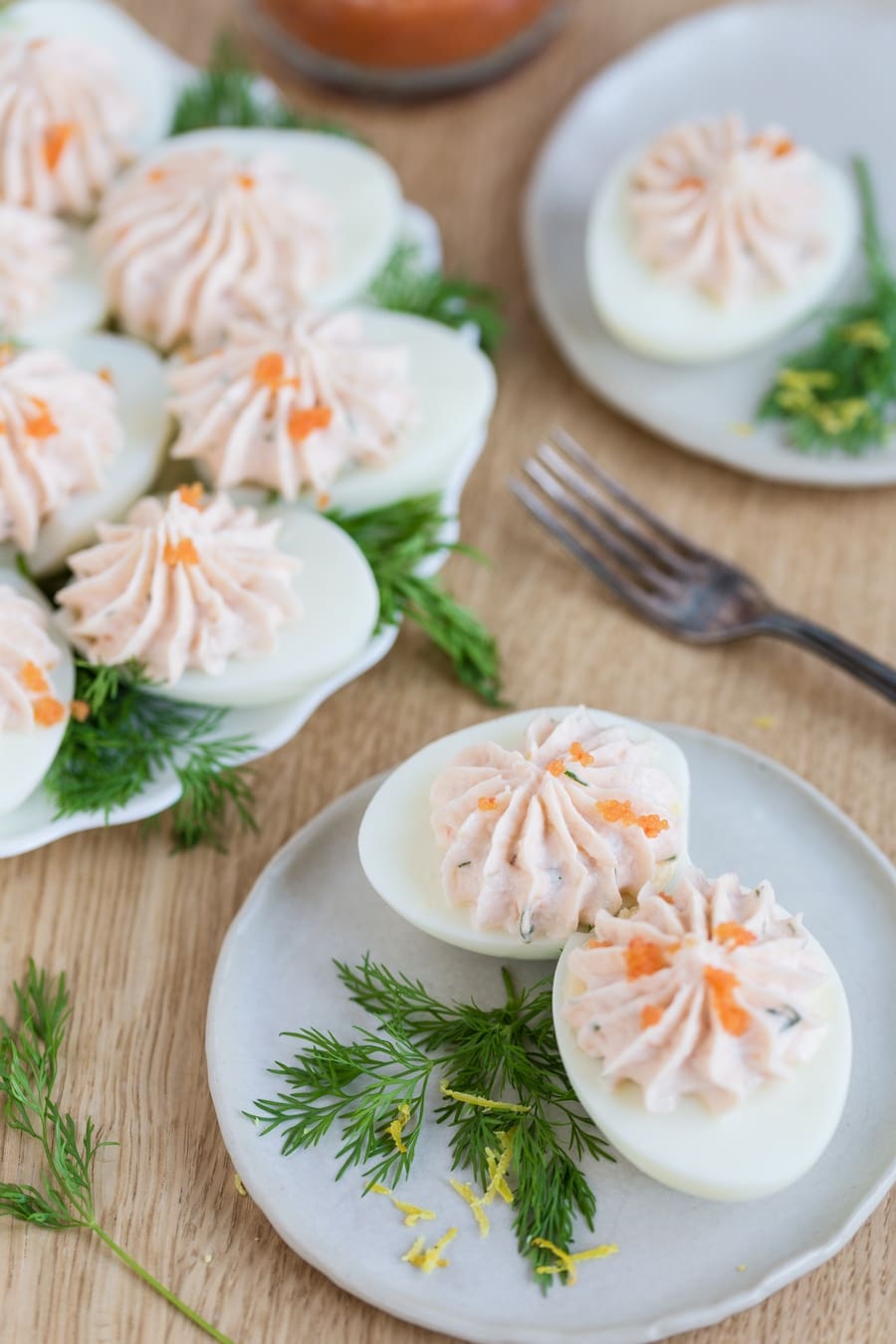 Scandinavian deviled eggs with smoked salmon mousse and fish roe