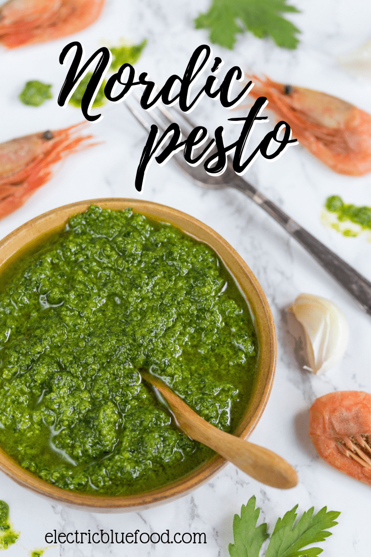 Nordic pesto with smoked shrimp. Dip your shrimps in this lovely pesto made with all Nordic ingredients: parsley, sunflower seeds, rapeseed oil and Västerbotten cheese. A fantastic Scandinavian appetizer!