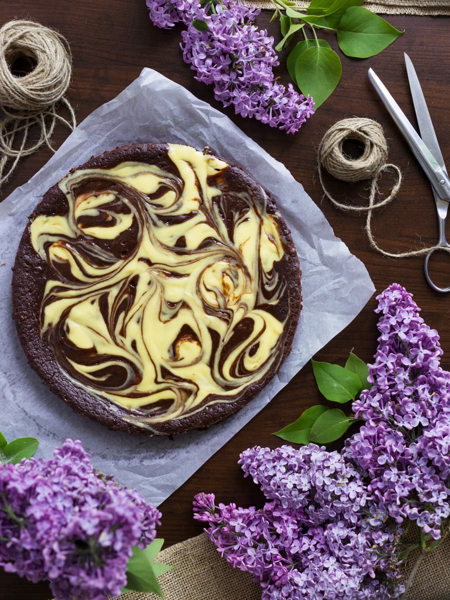 Cheesecake kladdkaka seen from above. Chocolate cake with a cheesecake swirl on top.