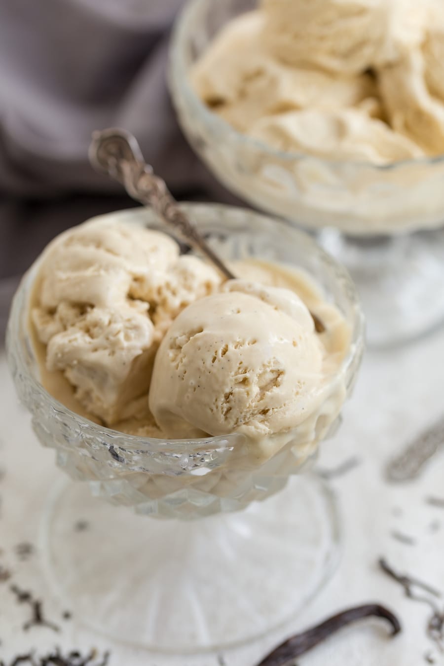 London fog ice cream served in a glass bowl.