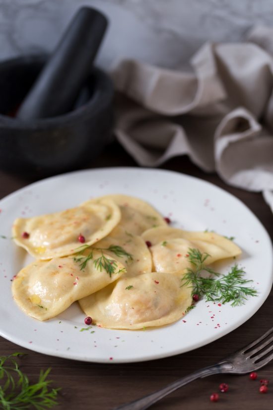 Smoked salmon ravioli with dill and potato • Electric Blue Food ...