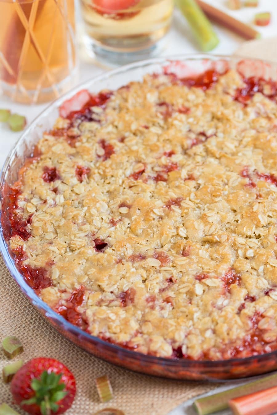 Closeup of strawberry rhubarb crisp showing the maple oat topping.