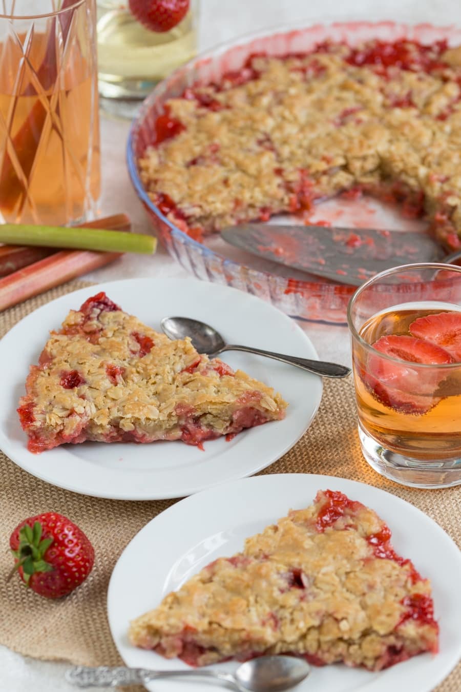 Two slices of strawberry rhubarb crisp.