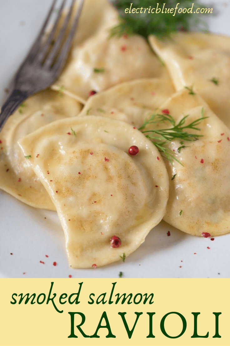 Homemade ravioli with smoked salmon and potato filling, served with brown butter, dill and pink peppercorn.