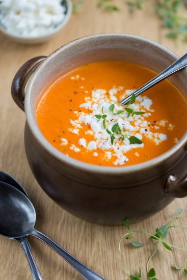 Roasted pepper soup with goat cheese • Electric Blue Food