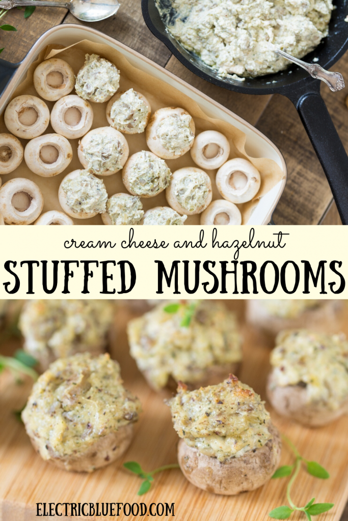 Small cultivated mushrooms filled with cream cheese and ground hazelnuts. A finger food appetizer full of flavour.