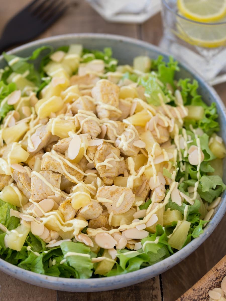 Closeup of chicken pinapple salad with a drizzle of curry mayonnaise on top.