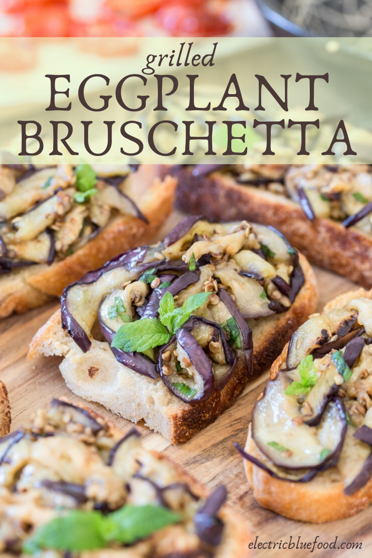Grilled eggplant bruschetta: a delicious alternative to classi cbruschetta. Toasted garlic sourdough gets topped with grilled eggplants, olive oil and fresh mint.