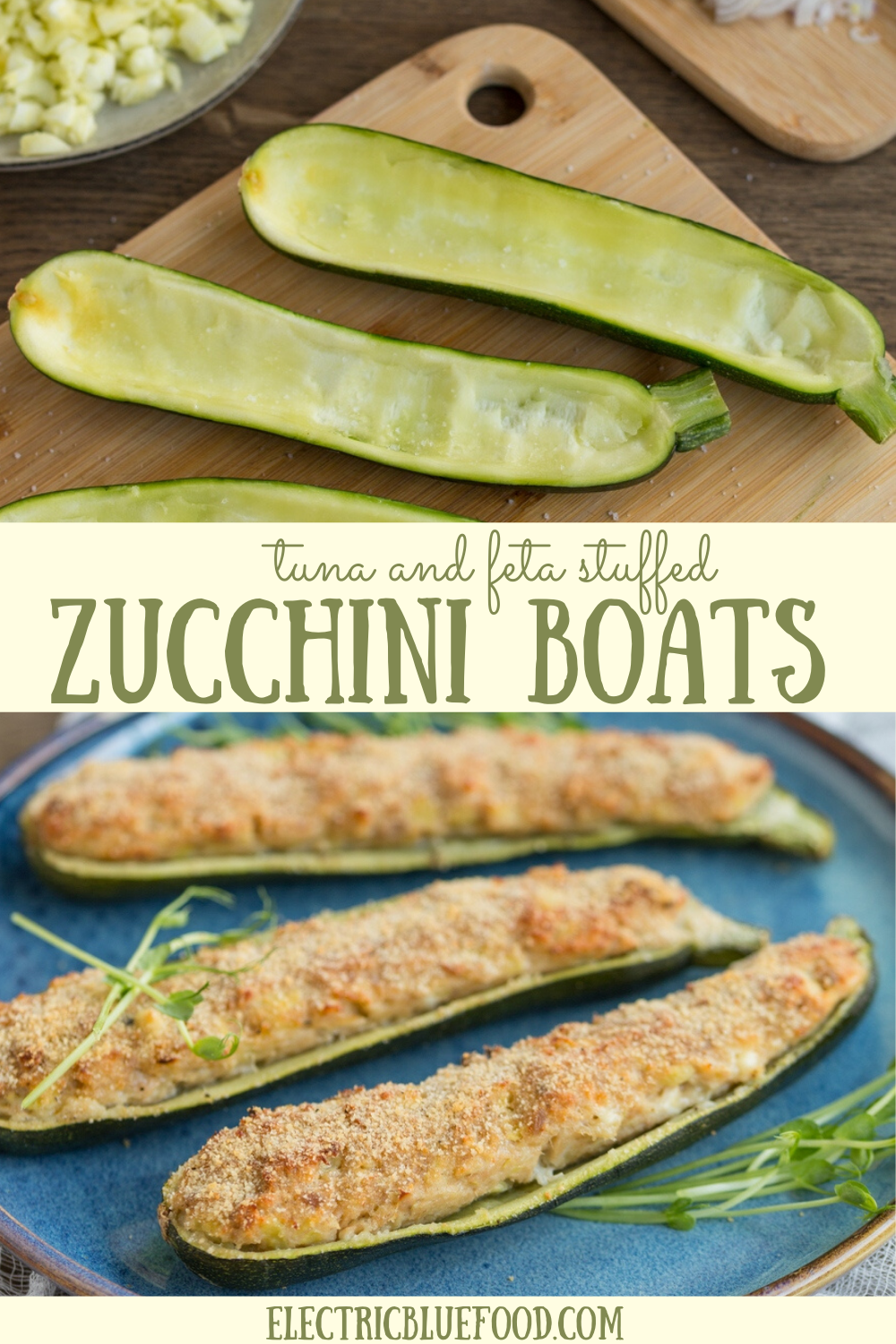 Stuff your zucchini with tuna and feta and bake them in the oven. Your tuna zucchini boats will be a success!