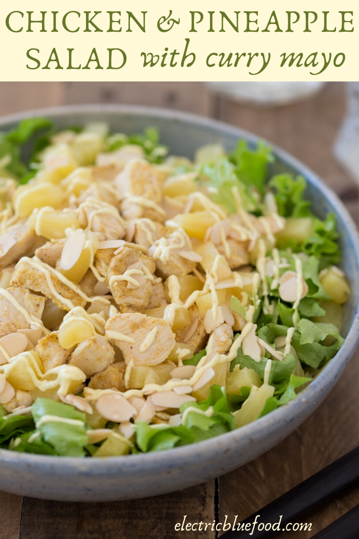 Chicken pineapple salad with curry mayo and roasted almonds. A delightful salad recipe to enjoy during the summer months.