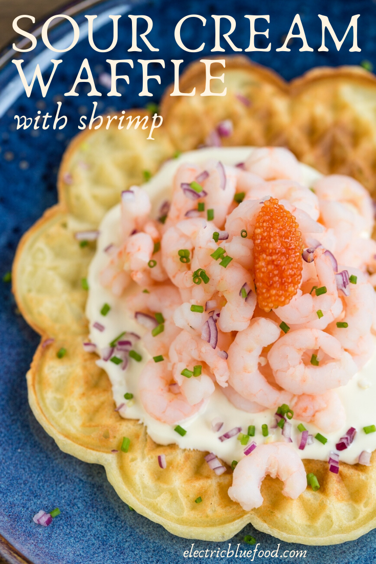 Norwegian recipe to sour cream waffles topped with shrimp, roe and creme fraiche. Take your waffle game to the next level!