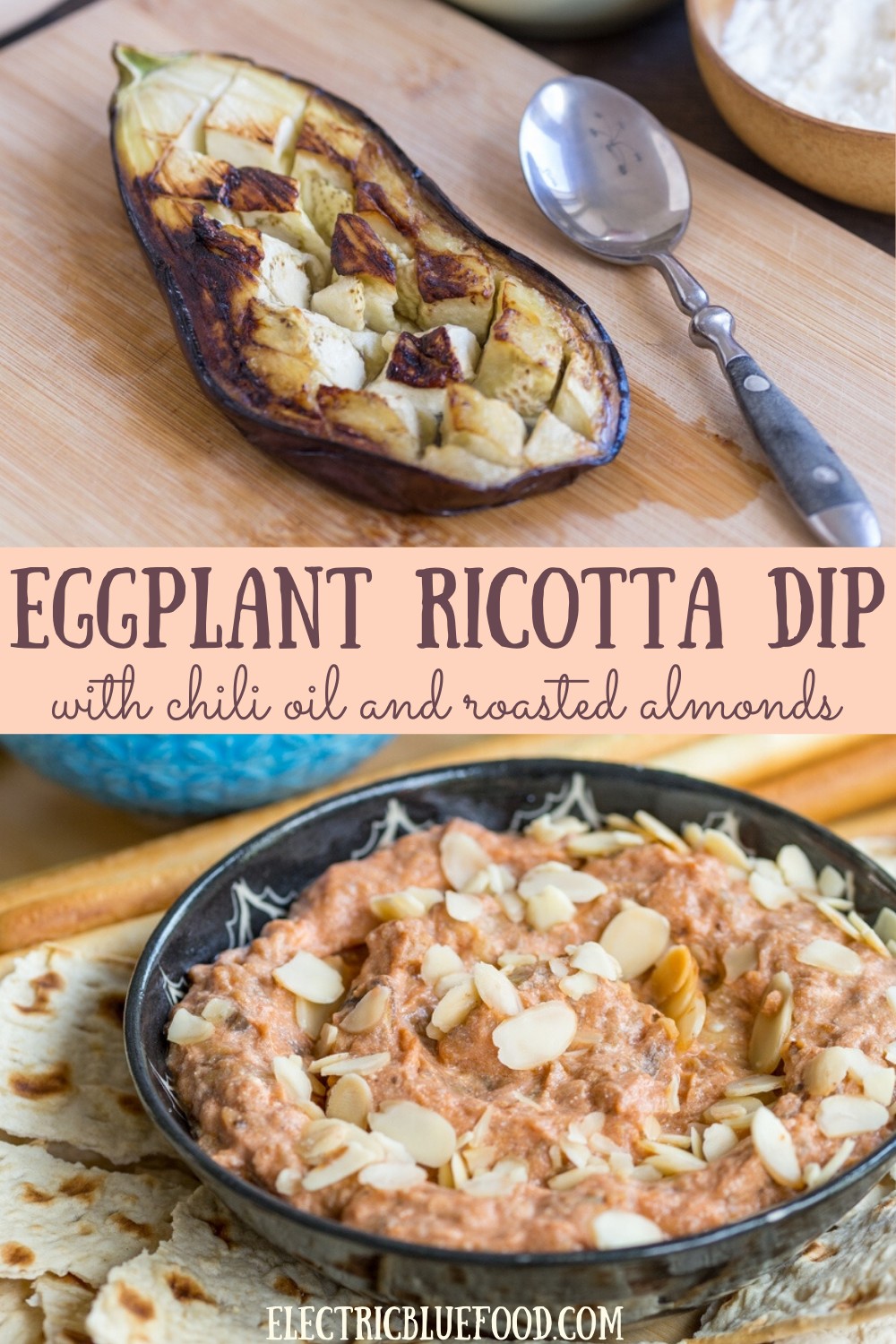 This creamy eggplant ricotta dip is perfect if you want a break from usual dips. Roasted eggplants, ricotta, tomato paste and chili oil give this eggplant dip a wonderful flavour. Top with roasted shaved almonds to achieve dip perfection!