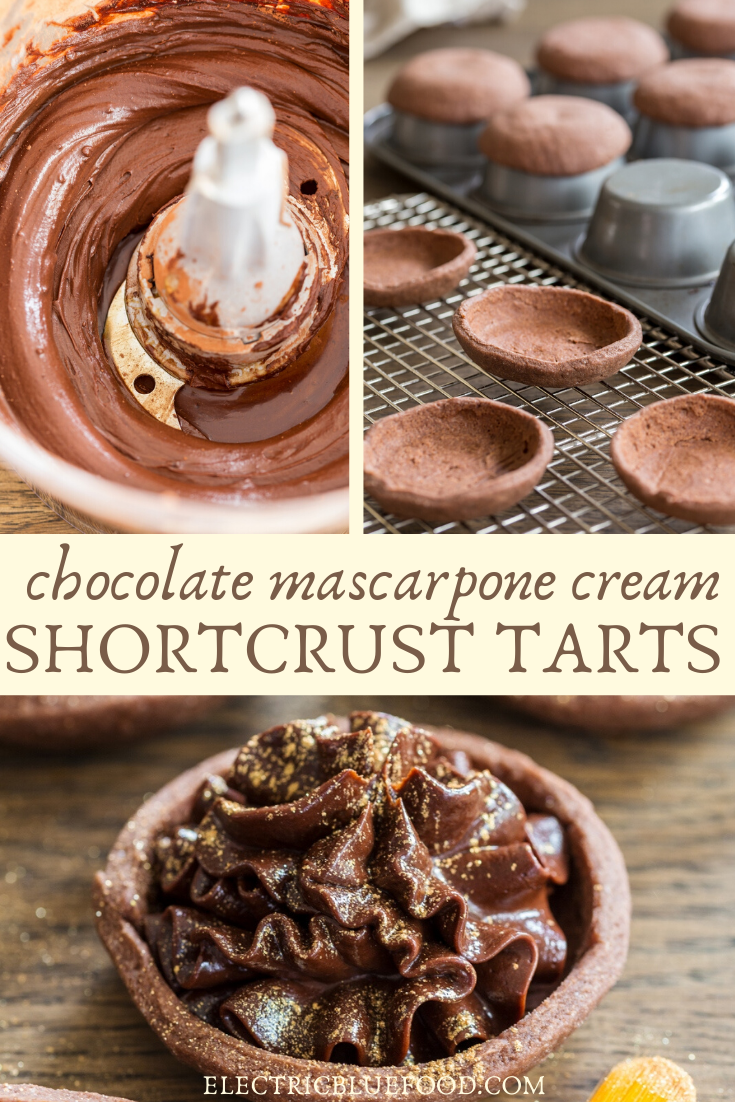 Chocolate mascarpone cream filled small shortcrust shells. Make these delicious chocolate mascarpone tarts and decorate them with edible glitter and flowers.