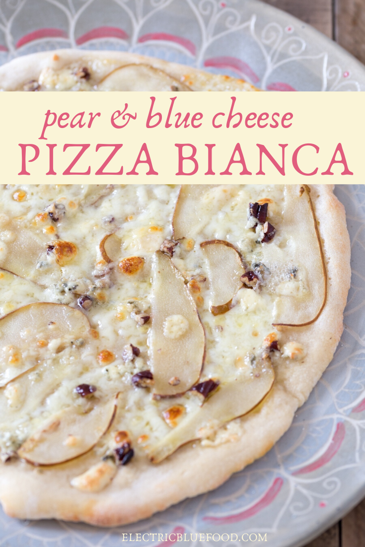 Ripe pear slices and delicious blue cheese top this pear and blue cheese pizza bianca. Topped with pecans and with unmissable mozzarella, this gourmet pizza goes well as both main and dessert!