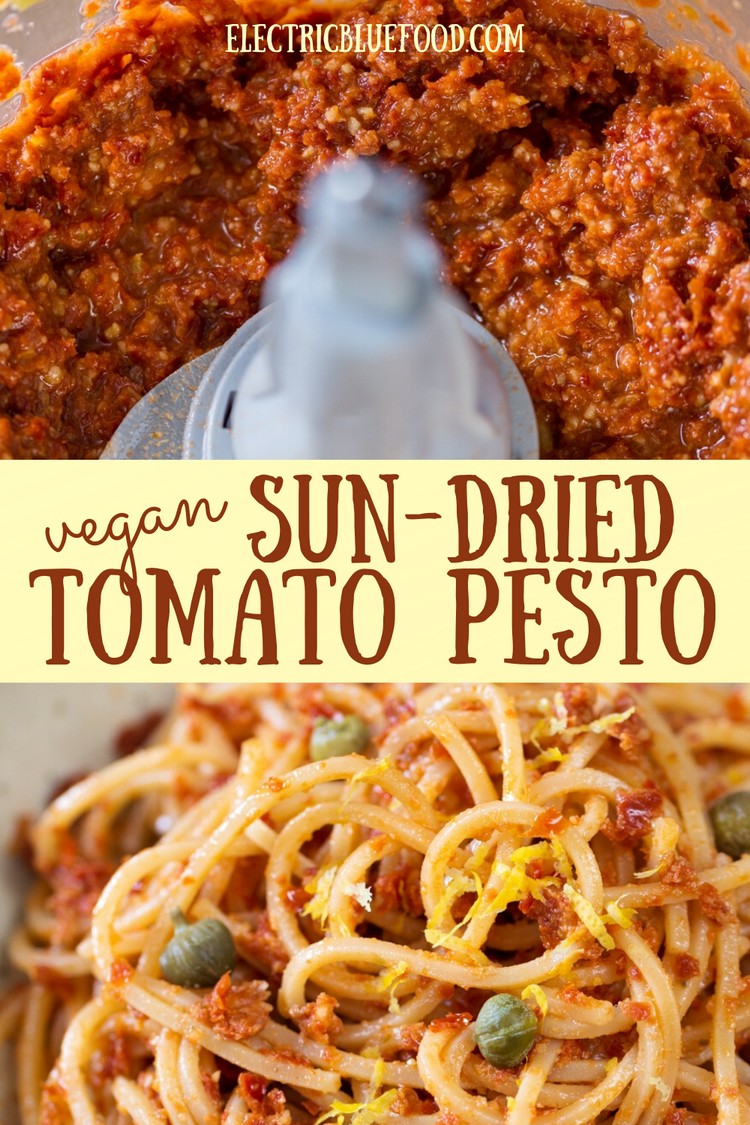 Vegan sun-dried tomato pesto with capers and lemon zest. You don't need more than 10 minutes and 5 ingredients to make this fantastic vegan pesto that doubles as spread or pasta sauce.