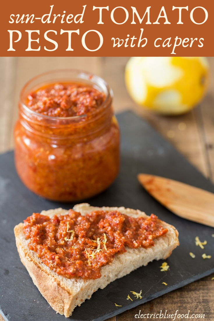 Sun-dried tomato pesto. Made with toasted pine nuts and capers, this pesto recipe is vegan. Perfect to use with your favourite pasta or as bruschetta topping.