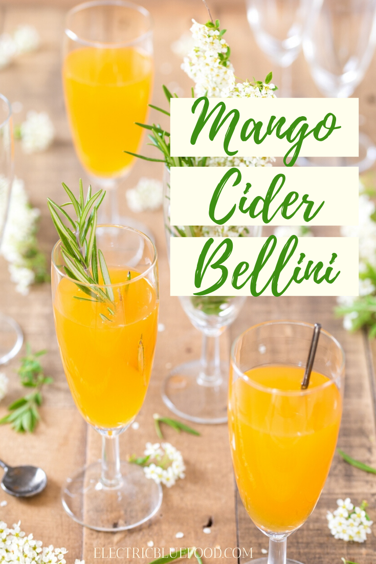 Mango cider Bellini: an alternative bellini cocktail recipe where peach is subbed with mango and dry apple cider takes over the prosecco.