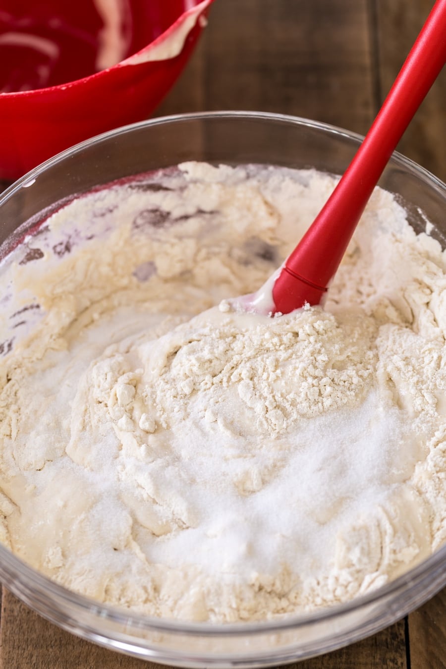 Flour, water, poolish and salt get mixed together.