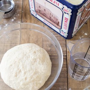 Pizza dough ball, water, flour.