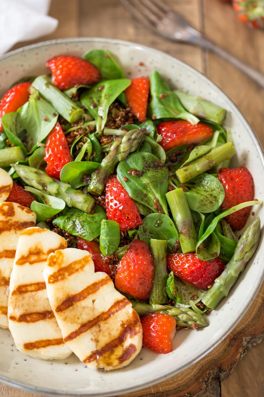 Asparagus and halloumi salad with strawberries and quinoa.