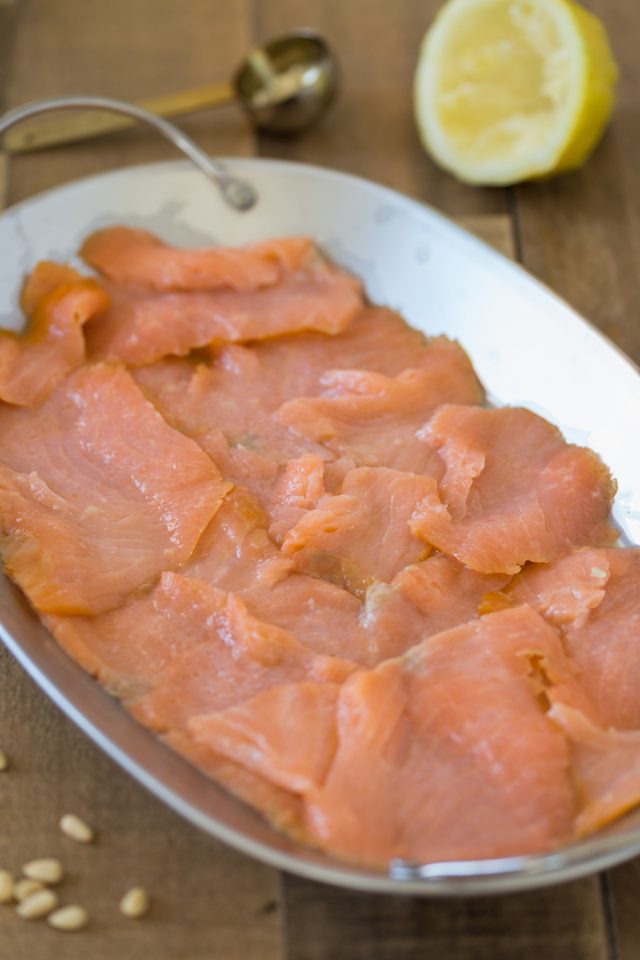 Smoked salmon carpaccio with grapefruit and shaved asparagus • Electric Blue Food Kitchen