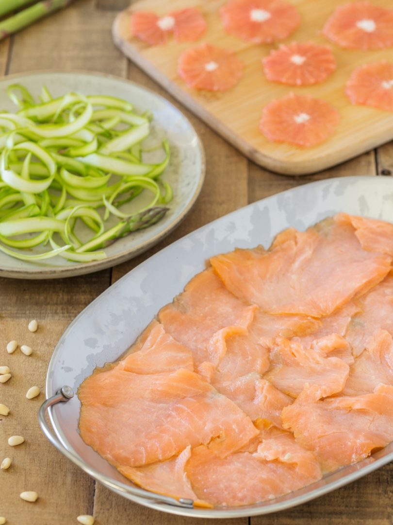 Smoked salmon carpaccio with grapefruit and shaved asparagus • Electric Blue Food Kitchen