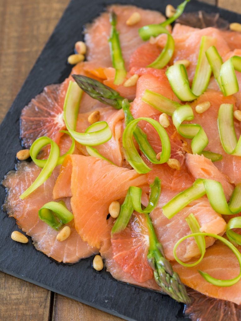 Smoked salmon carpaccio with grapefruit and shaved asparagus • Electric Blue Food Kitchen