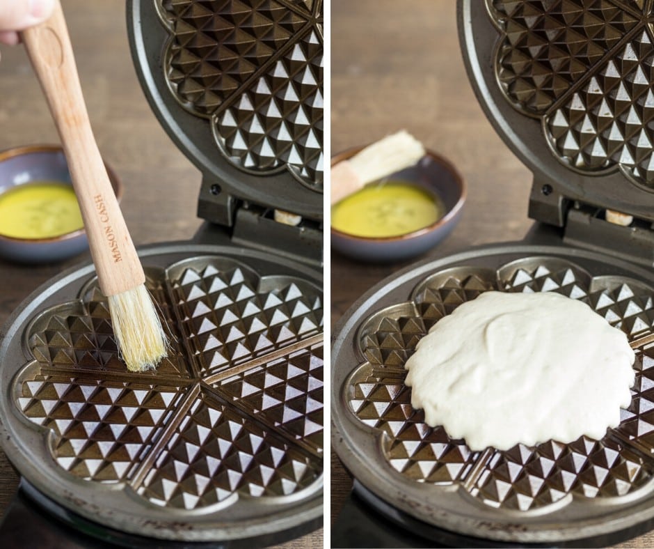 Sour cream waffle preparation: brushing melted butter on waffle iron and pouring waffle batter on it.