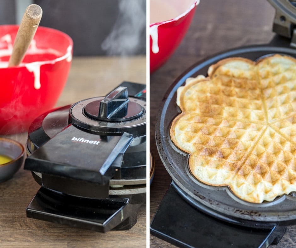 Sour cream waffles being prepared in a waffle iron: steam coming out of the appliance as the waffle cooks and the finished product.