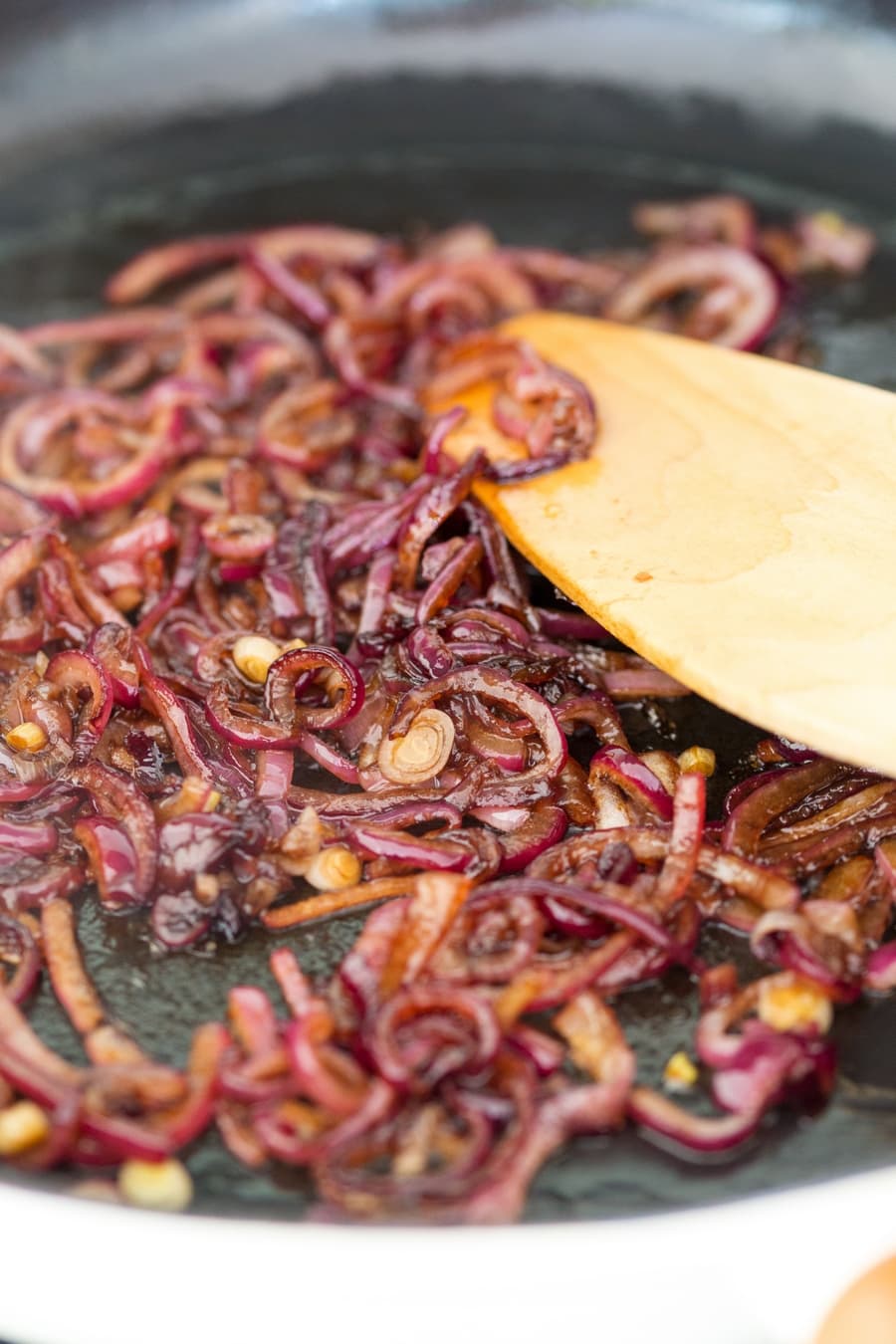 Balsamico added to sautéed red onions.