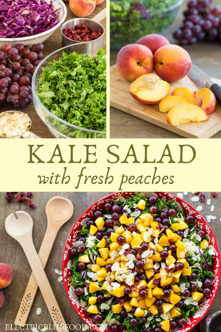 Fruity kale salad with peaches, grapes and almonds. With vegan balsamico dressing. A fresh and flavourful salad to enjoy in the summer.