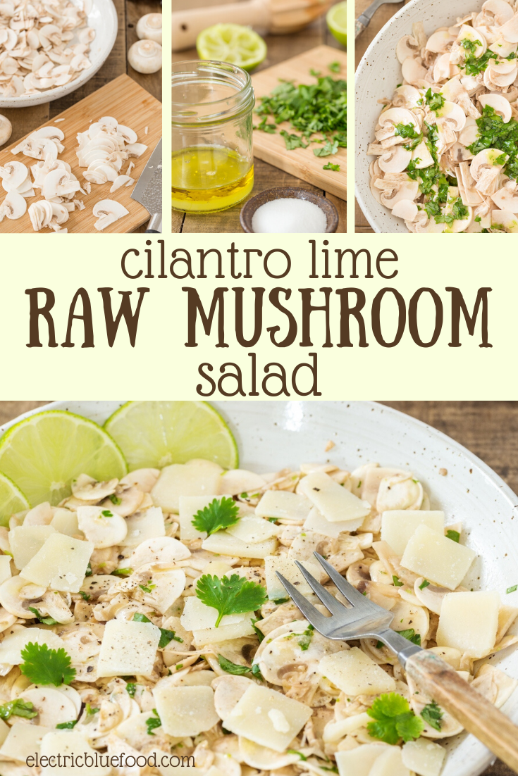 Raw mushroom salad with parmigiano flakes and cilantro. Dressed with olive oil, lime juice and cracked black pepper. Have a less known Italian salad as side dish to your grilled food this summer!