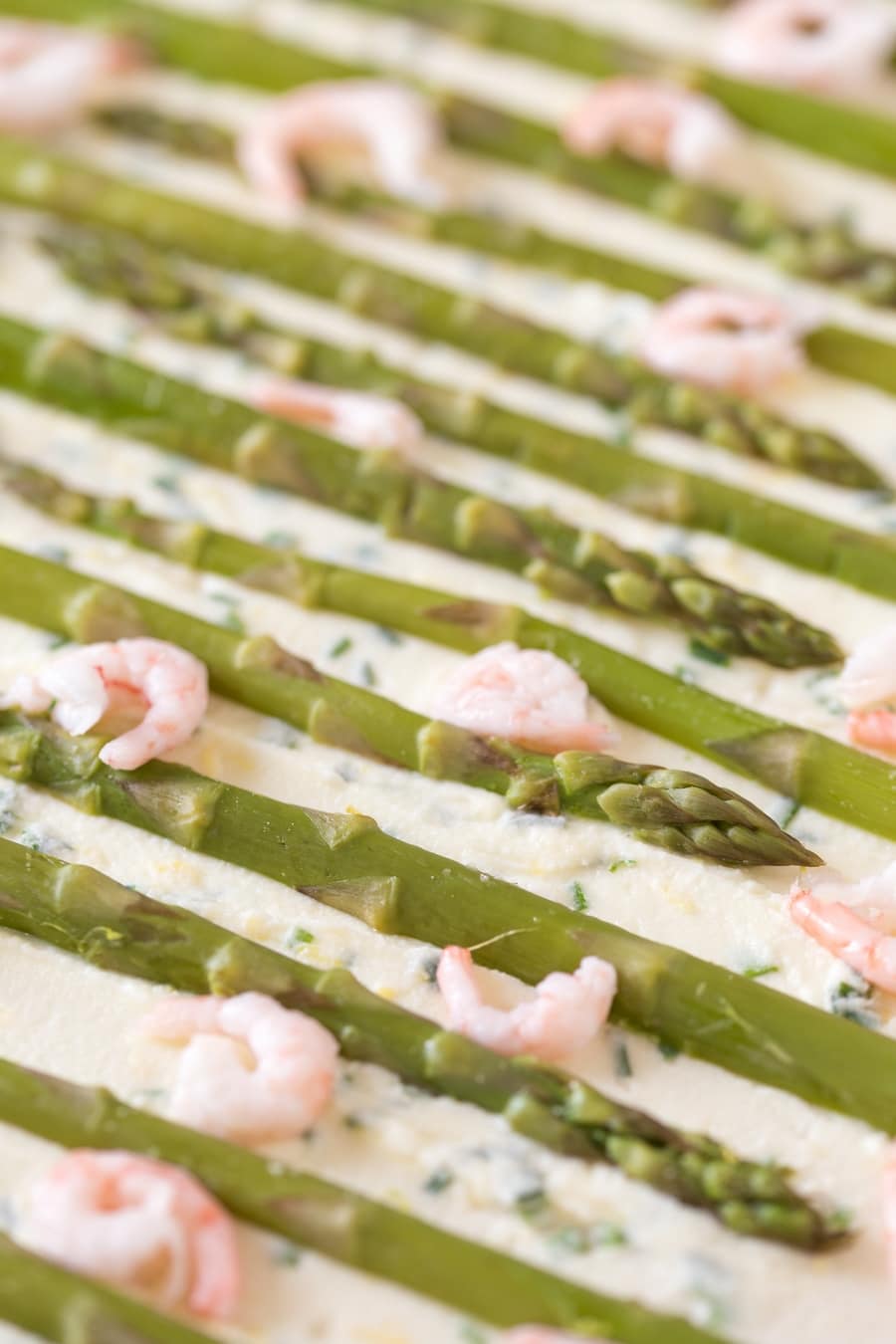 Unbaked shrimp asparagus flatbread with zesty mascarpone sauce.