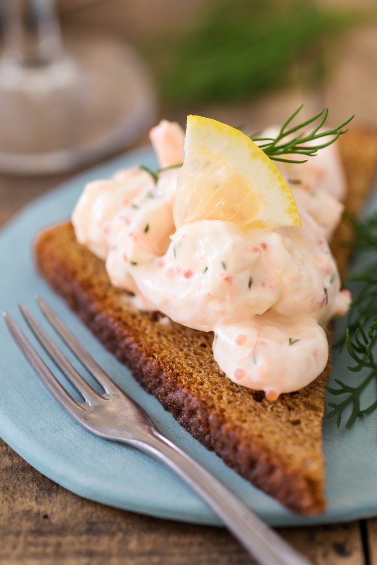 Swedish Shrimp Salad Skagenröra on Rye Toast • Electric Blue Food